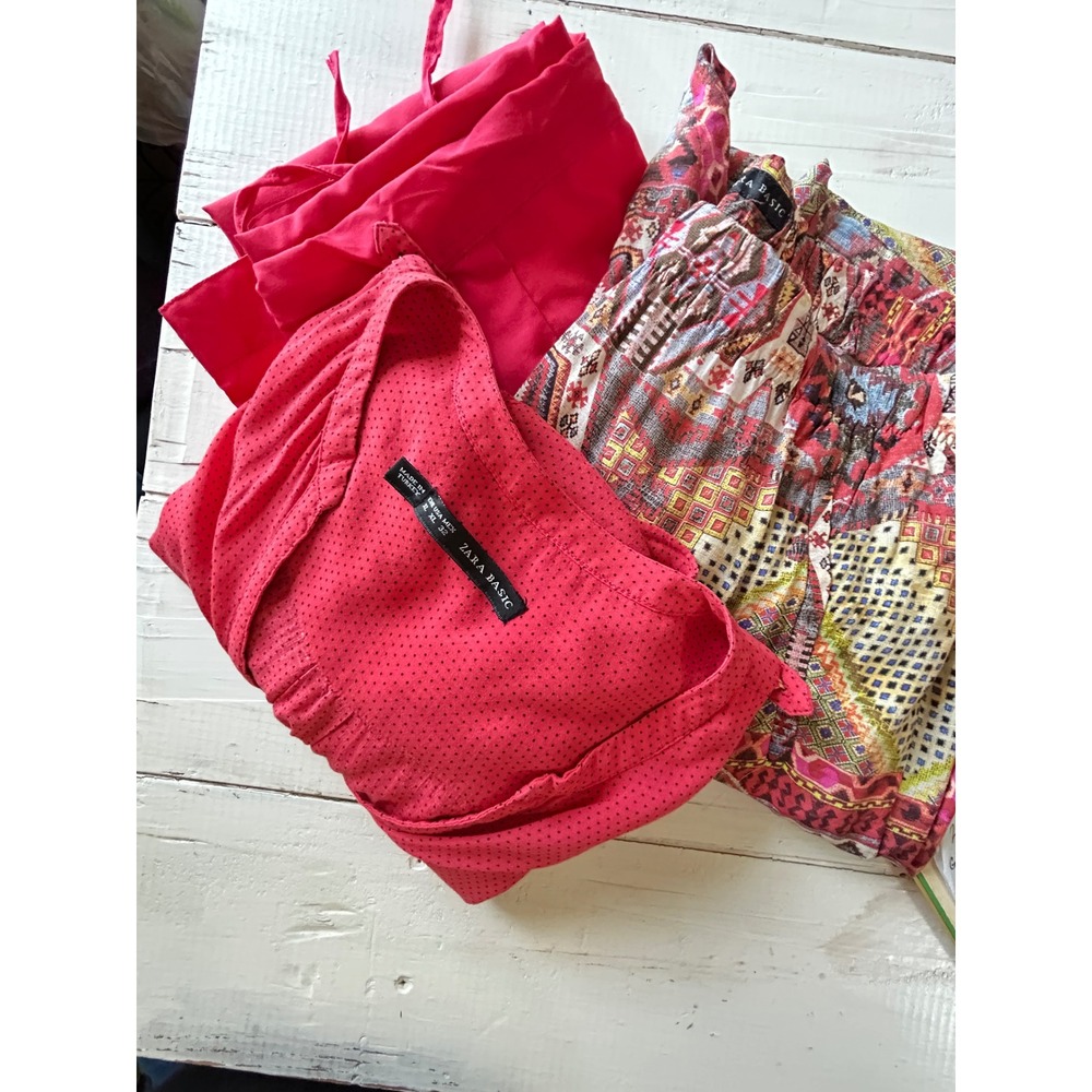 Zara Basic Red Polka Dot Blouse XL Long Sleeve Button Tab V-Neck Top Pants Skirt